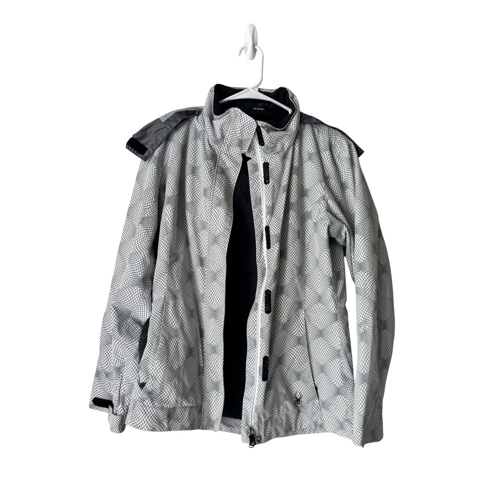 Spyder Mens White Black Geometric Grid Windbreaker Jacket Stowable Hood 3604-10